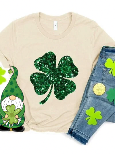 Lucky Clover Sequin Round Neck T-Shirt