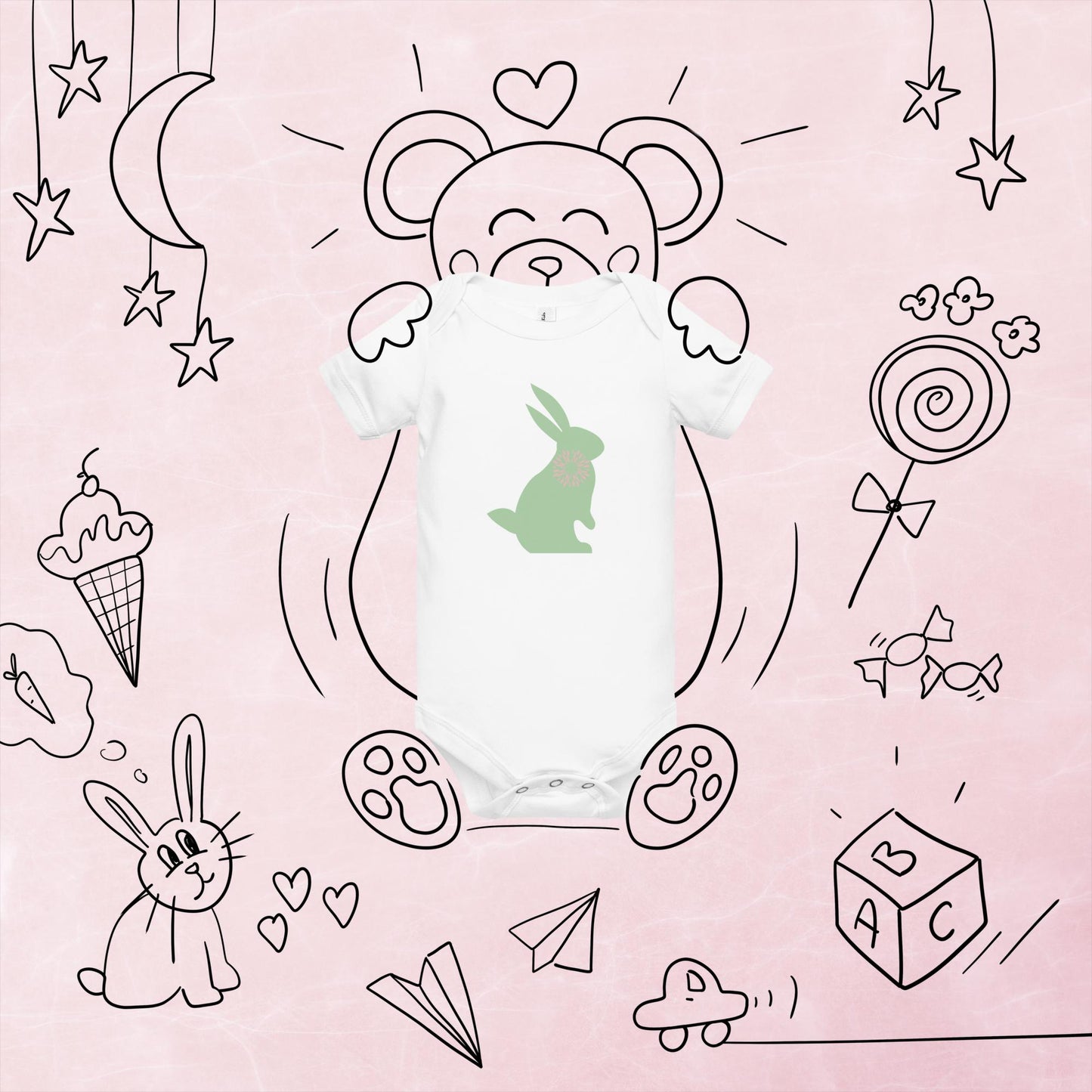 Green Bunny Graphic Baby Short Sleeve One Piece