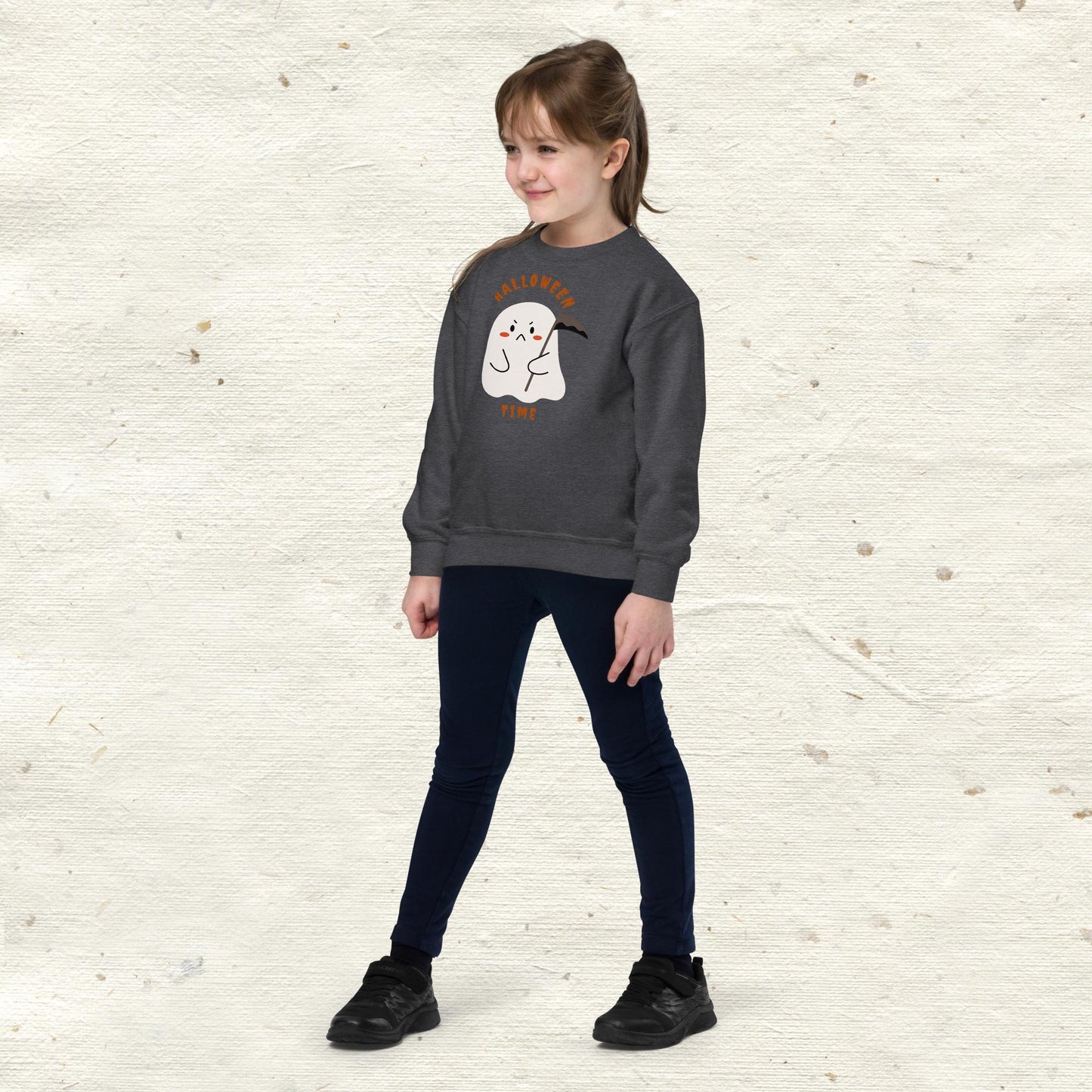 Halloween Time Cute Ghost Grim Reaper Youth Crewneck Sweatshirt