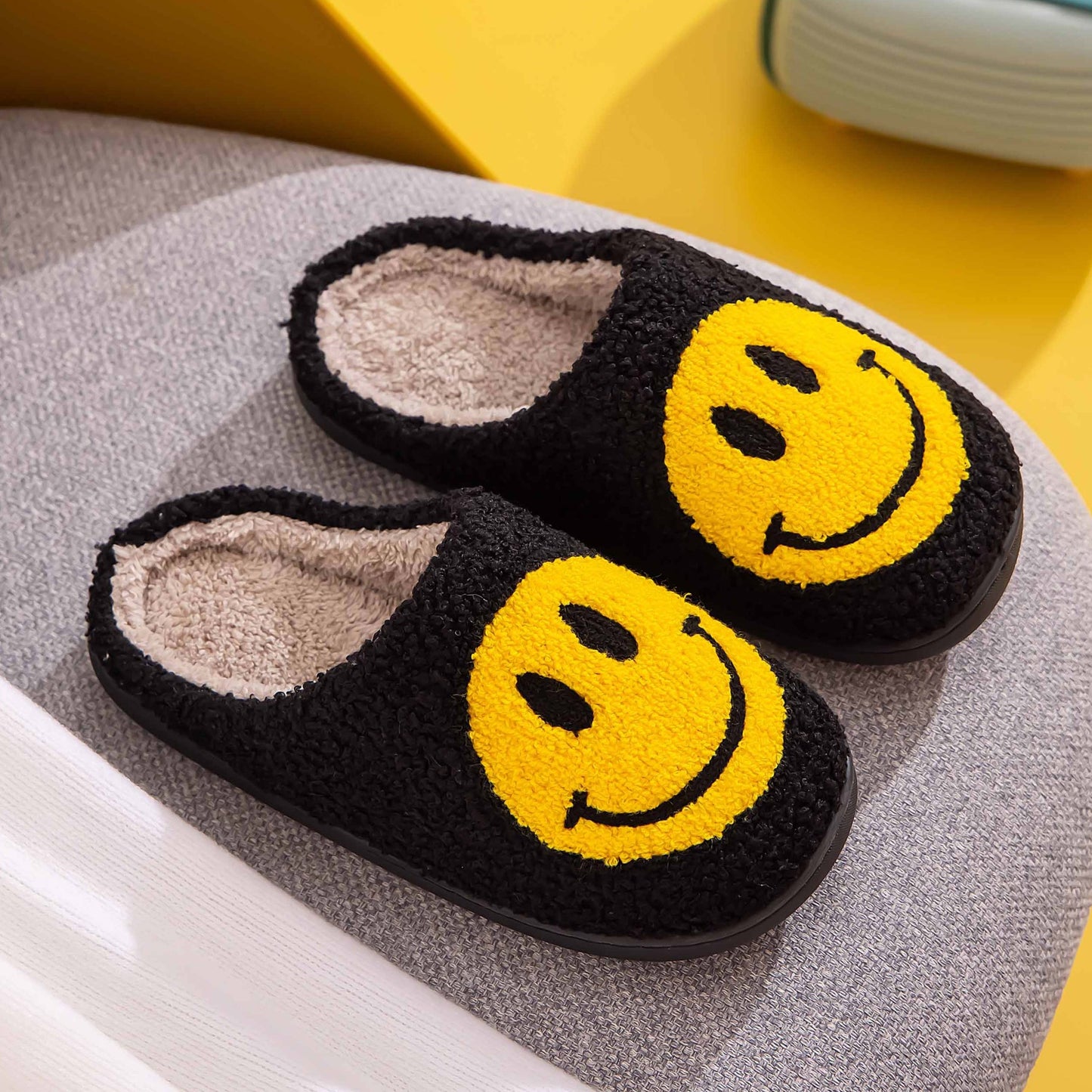 Melody Smiley Face Black Slippers