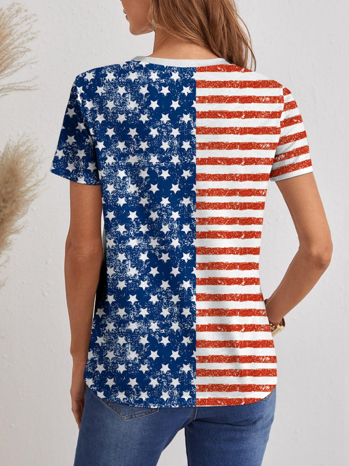 Stars and Stripes Printed V-Neck Short Sleeve T-Shirt