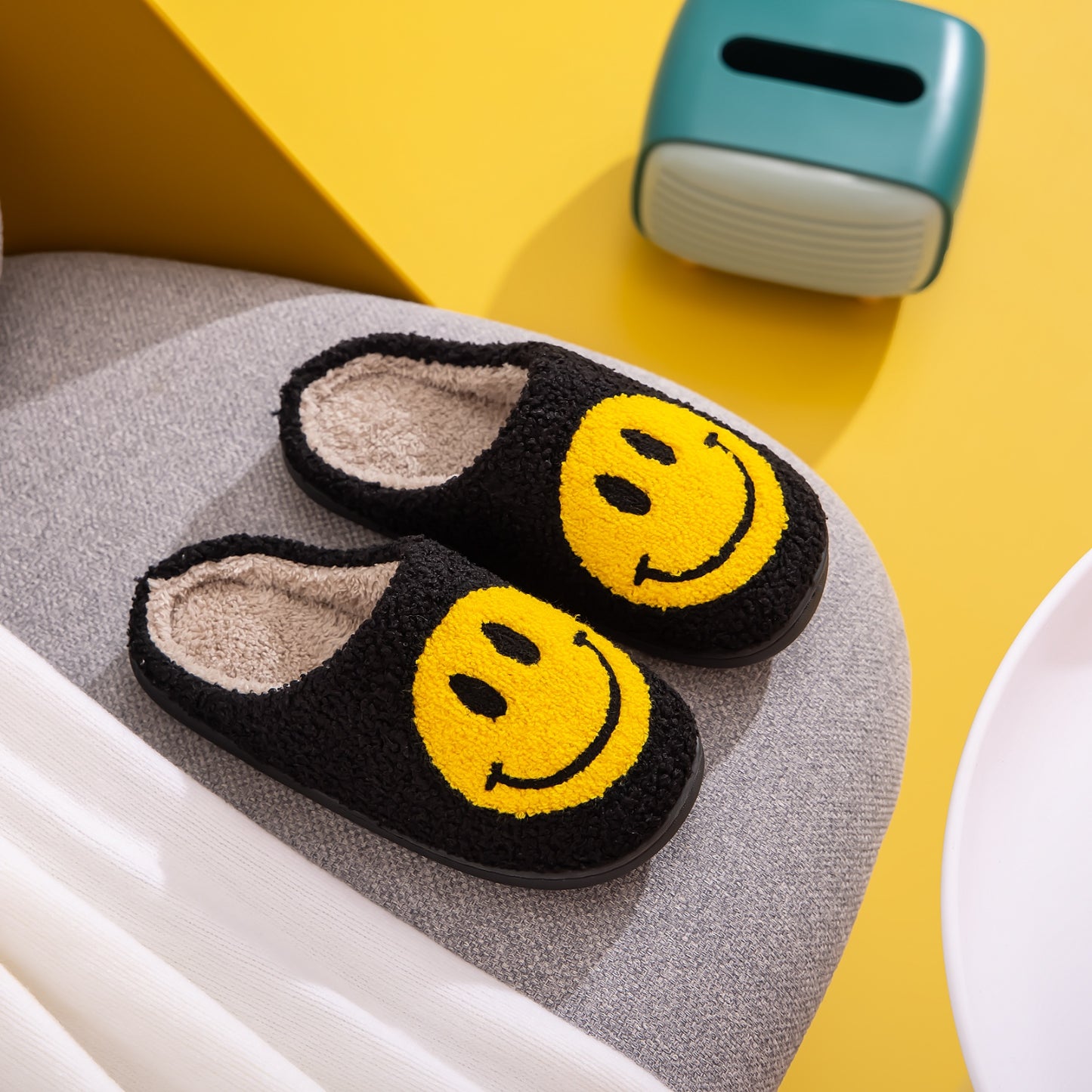 Melody Smiley Face Black Slippers