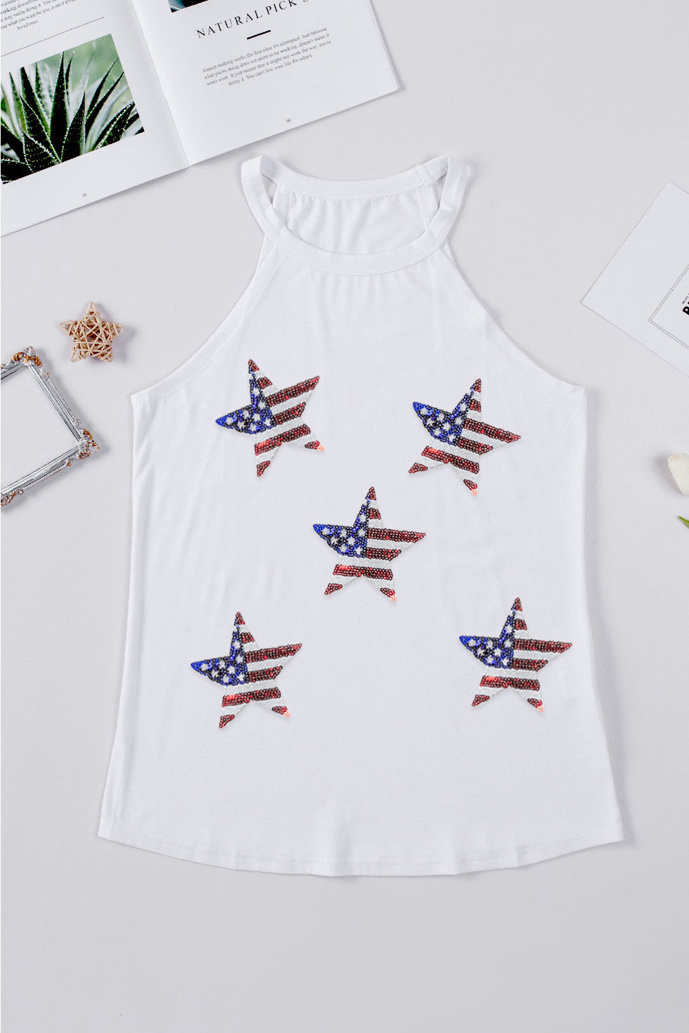 Sequin US Flag Star Grecian Neck Tank