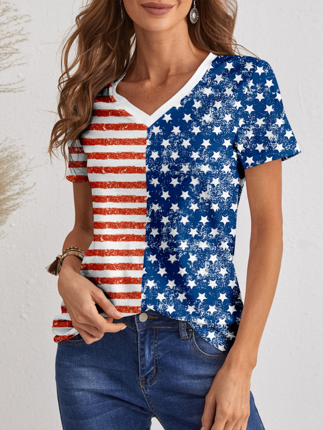 Stars and Stripes Printed V-Neck Short Sleeve T-Shirt