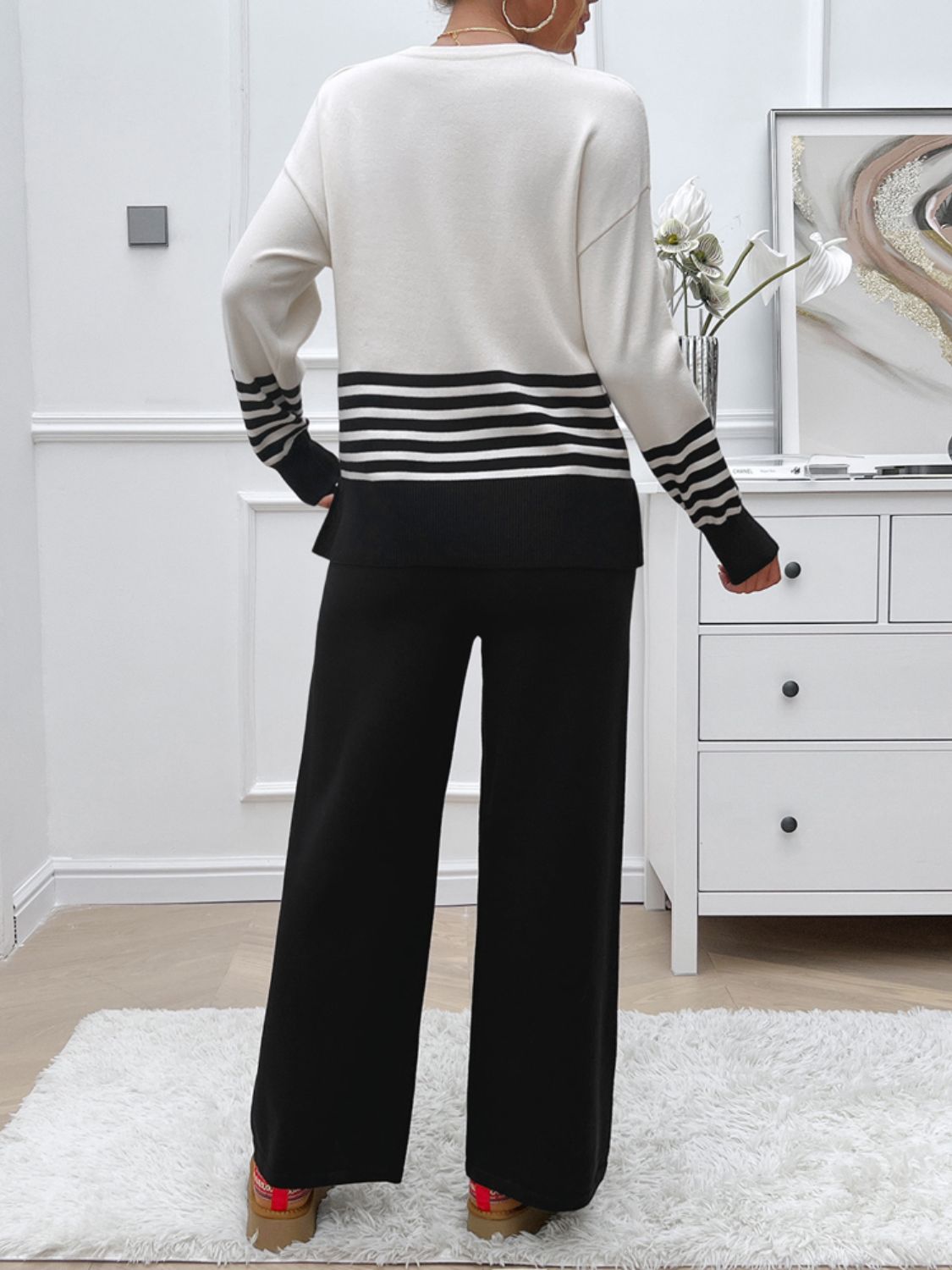 Devine Slit Striped Round Neck Top and Pants Sweater Set