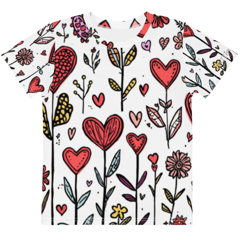 Heart Flowers Kids Cotton Crew Neck T-Shirt