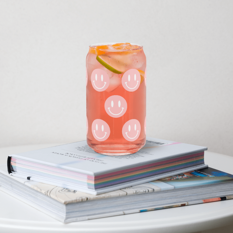 Pink and White Smiley Emoji Can-shaped Glass