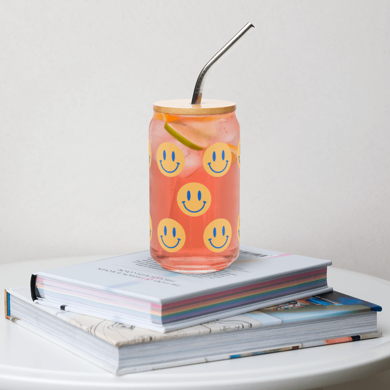 Blue and Orange Smiley Emoji Can-shaped Glass