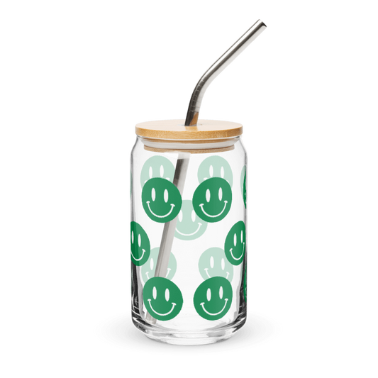 Green and White Smiley Emoji Can-shaped Glass