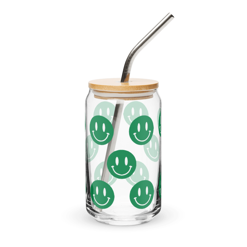 Green and White Smiley Emoji Can-shaped Glass