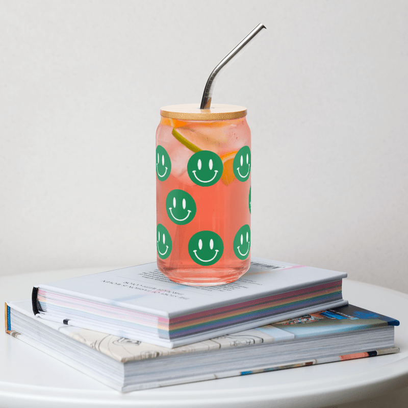 Green and White Smiley Emoji Can-shaped Glass