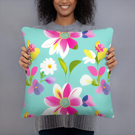 Aquamarine with Pink Flowers Basic Pillow