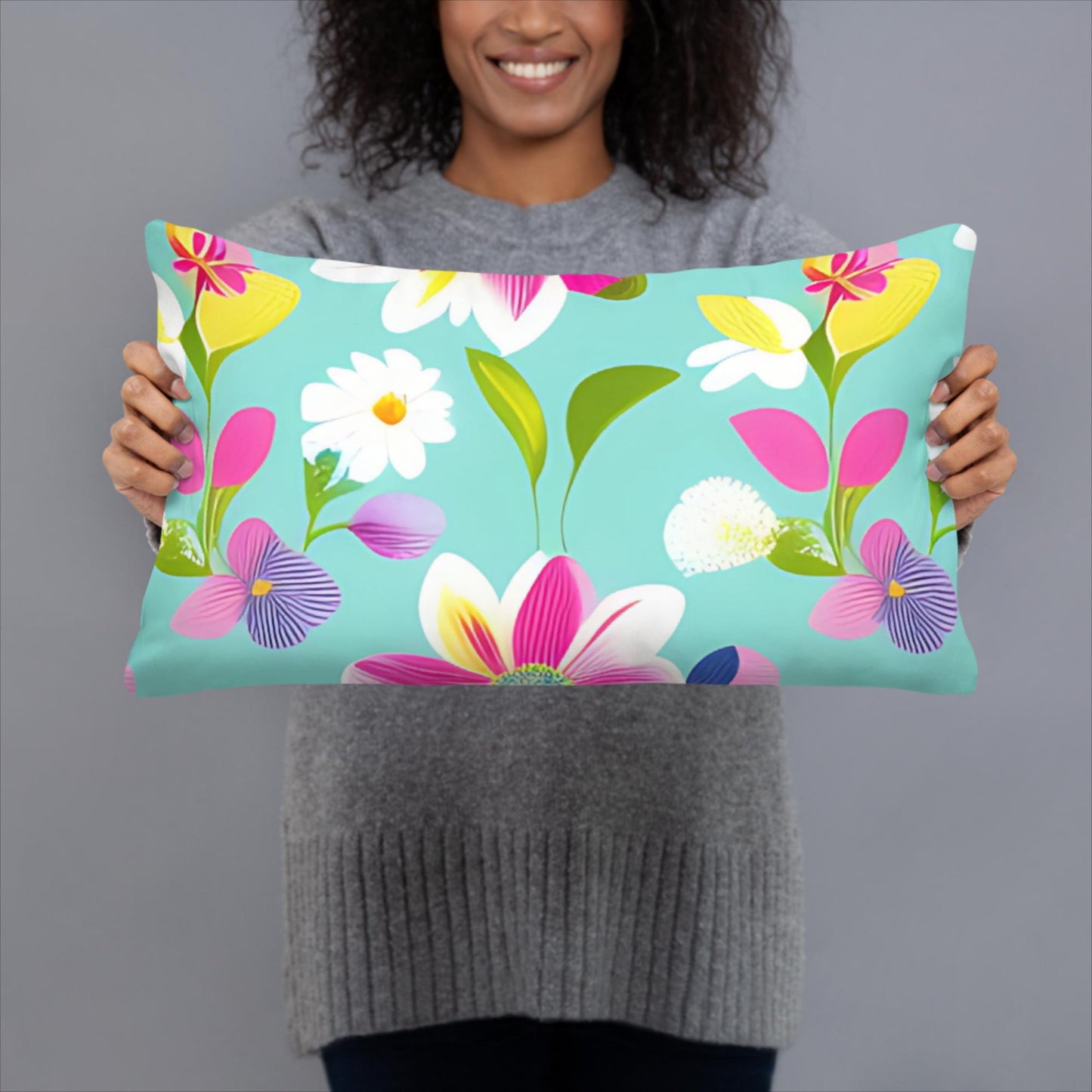 Aquamarine with Pink Flowers Basic Pillow