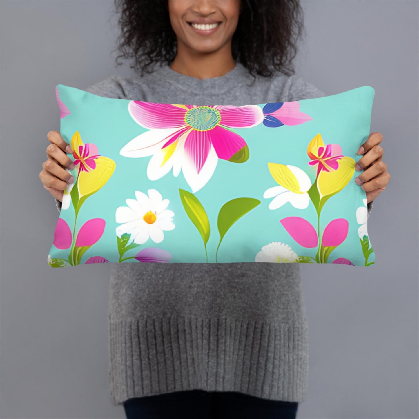 Aquamarine with Pink Flowers Basic Pillow