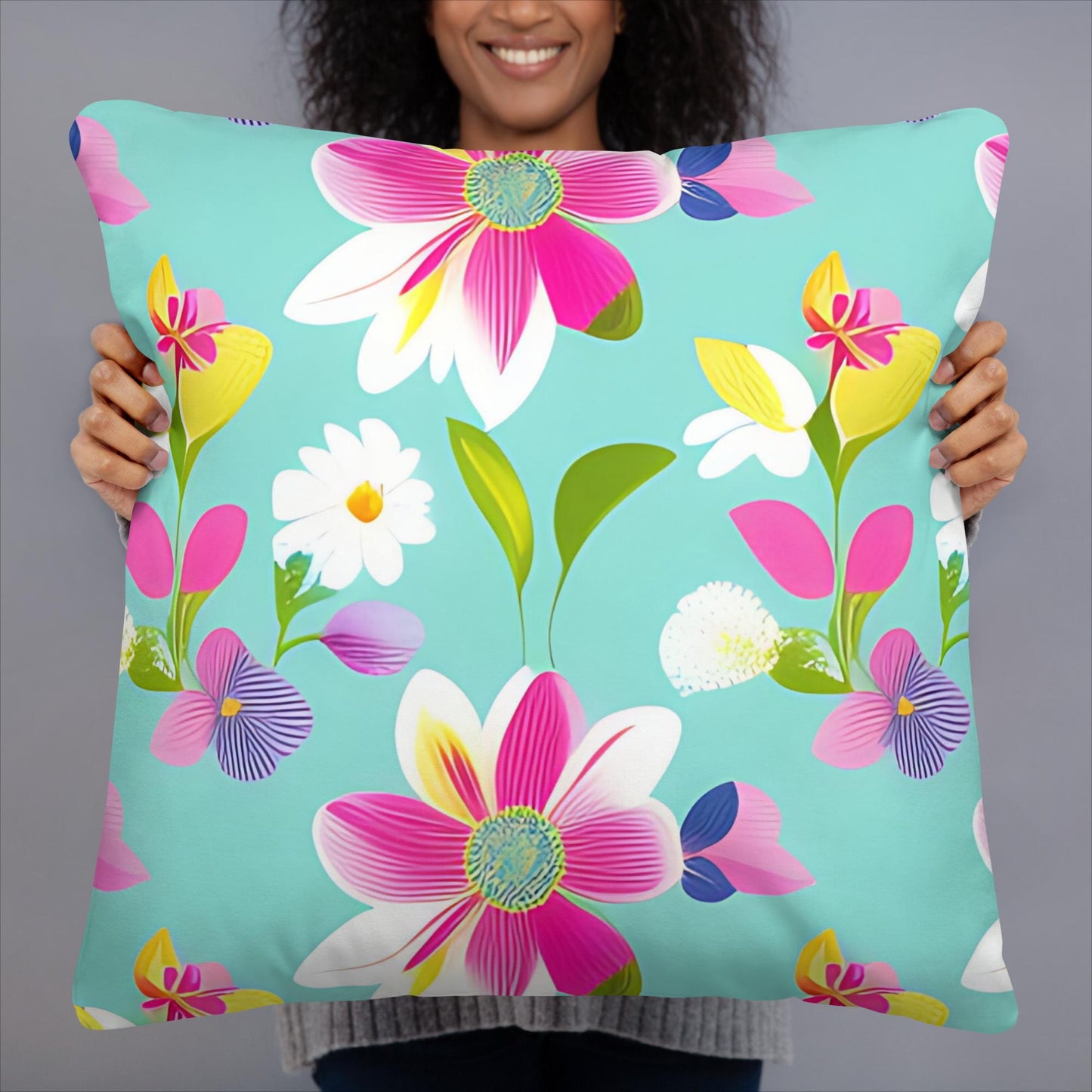 Aquamarine with Pink Flowers Basic Pillow