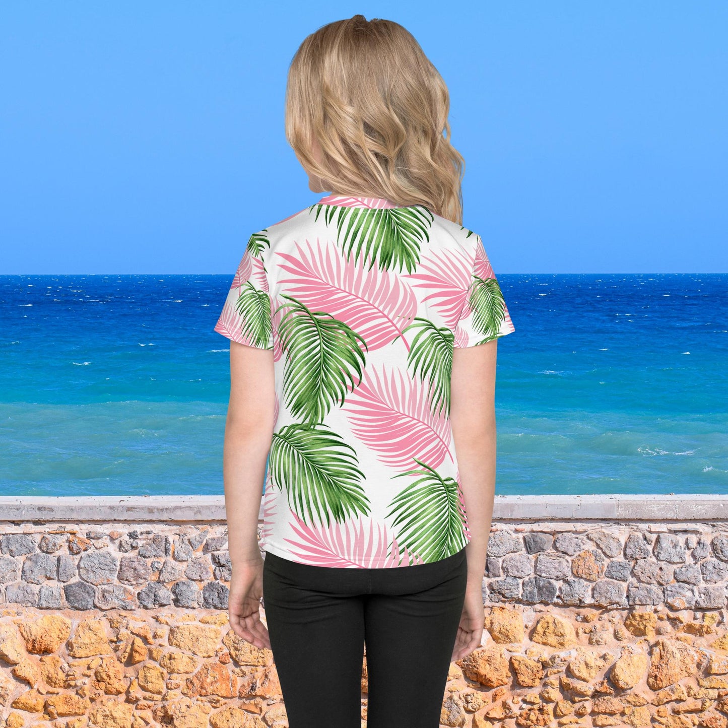 Pink Green Palm Leaves Kids crew neck t-shirt