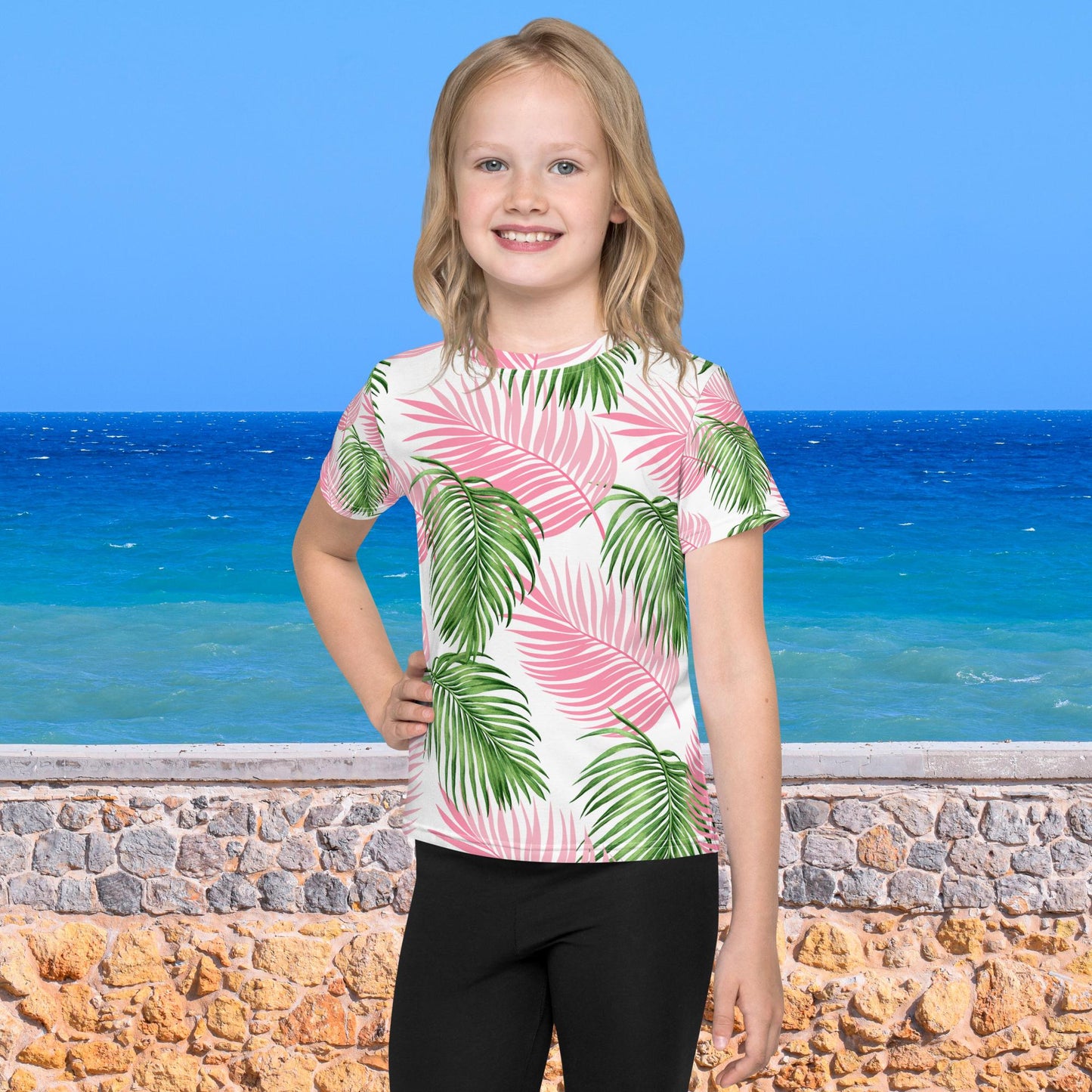 Pink Green Palm Leaves Kids crew neck t-shirt