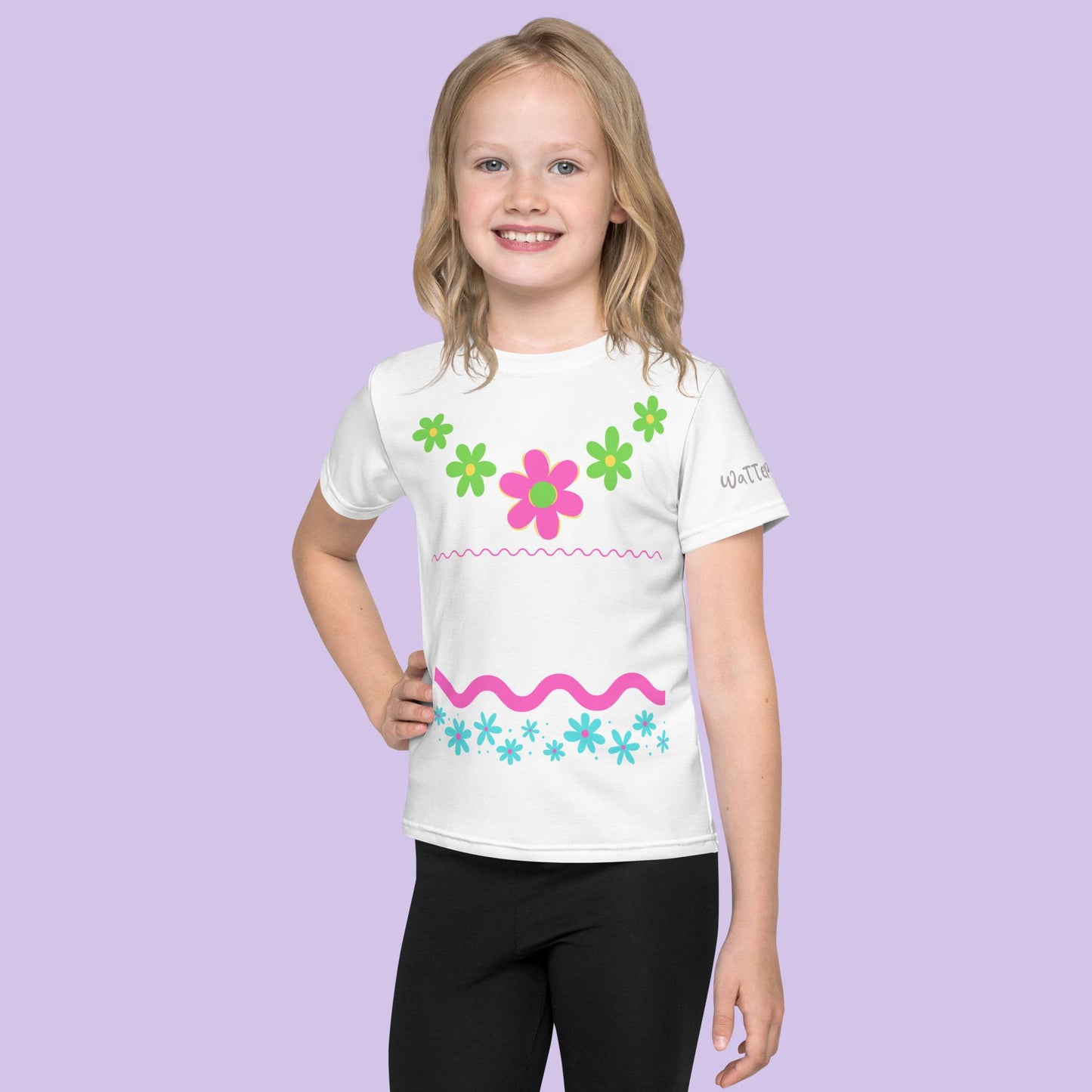 Pink and Green Flowers Wavy Lines Kids Crewneck T-shirt