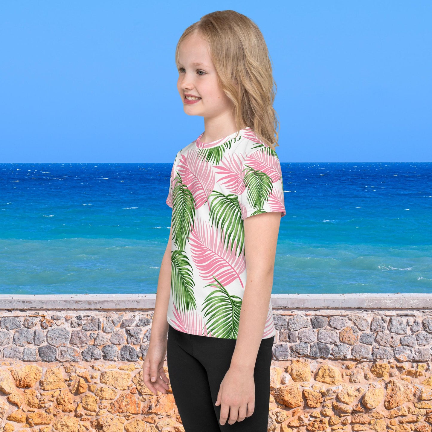 Pink Green Palm Leaves Kids crew neck t-shirt