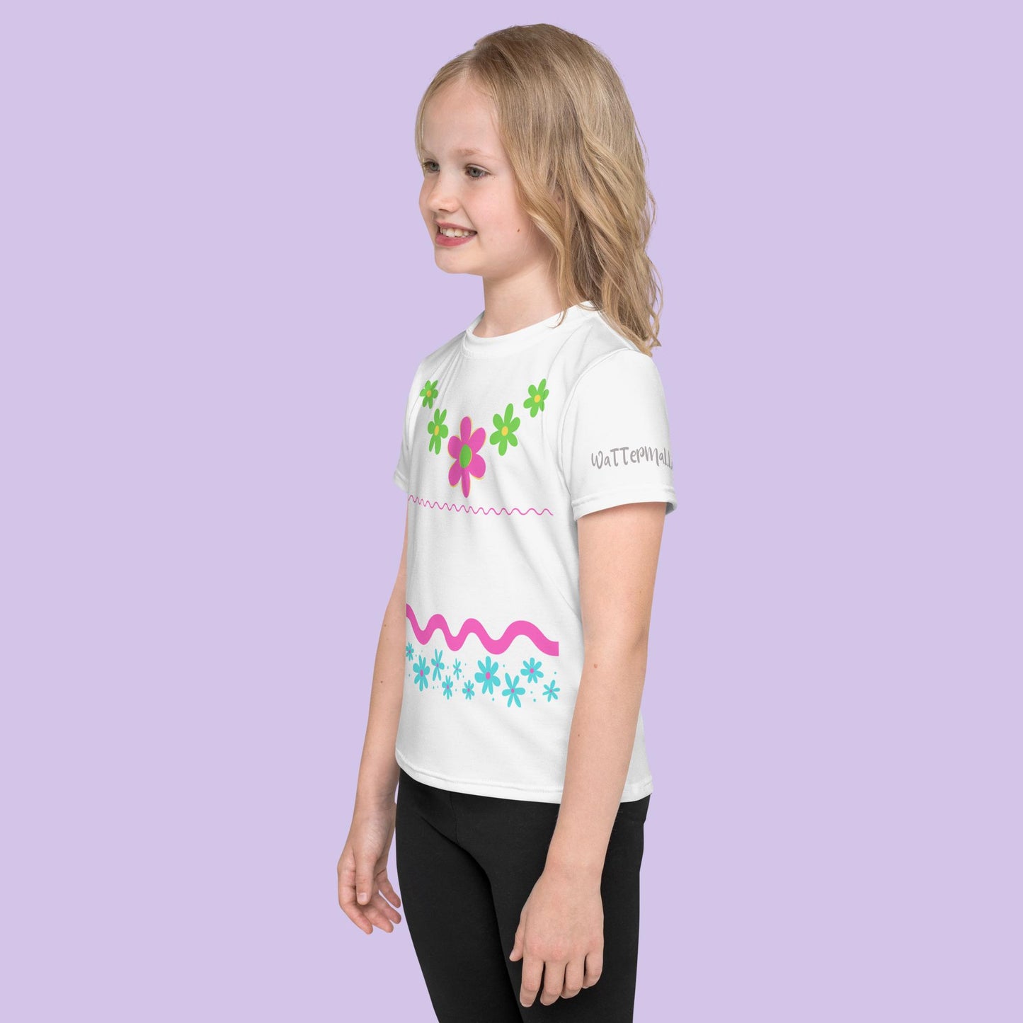 Pink and Green Flowers Wavy Lines Kids Crewneck T-shirt