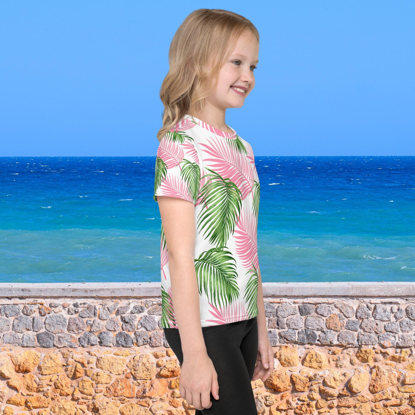 Pink Green Palm Leaves Kids crew neck t-shirt