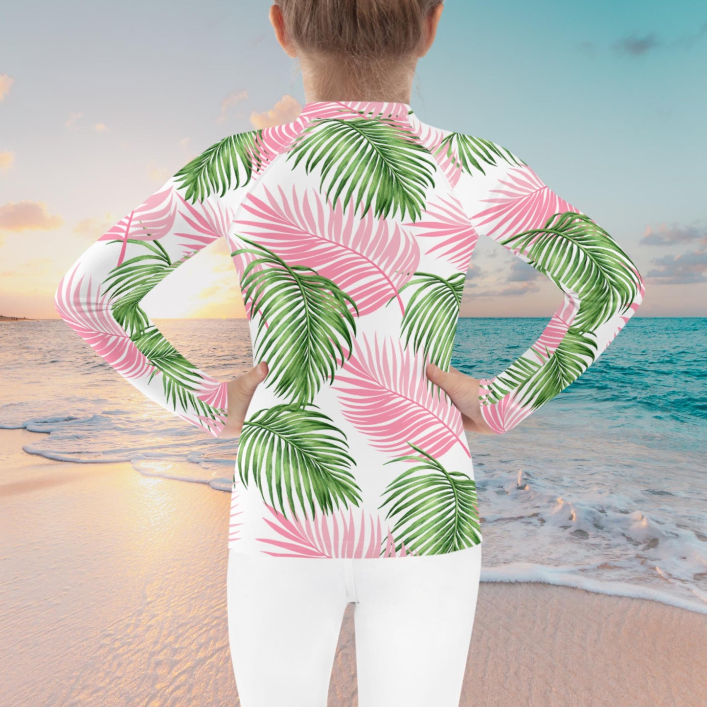 Pink Green Palm Leaves Kids Rash Guard