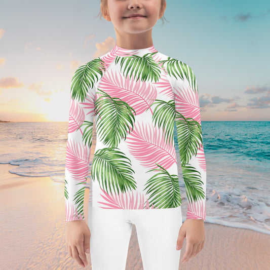 Pink Green Palm Leaves Kids Rash Guard