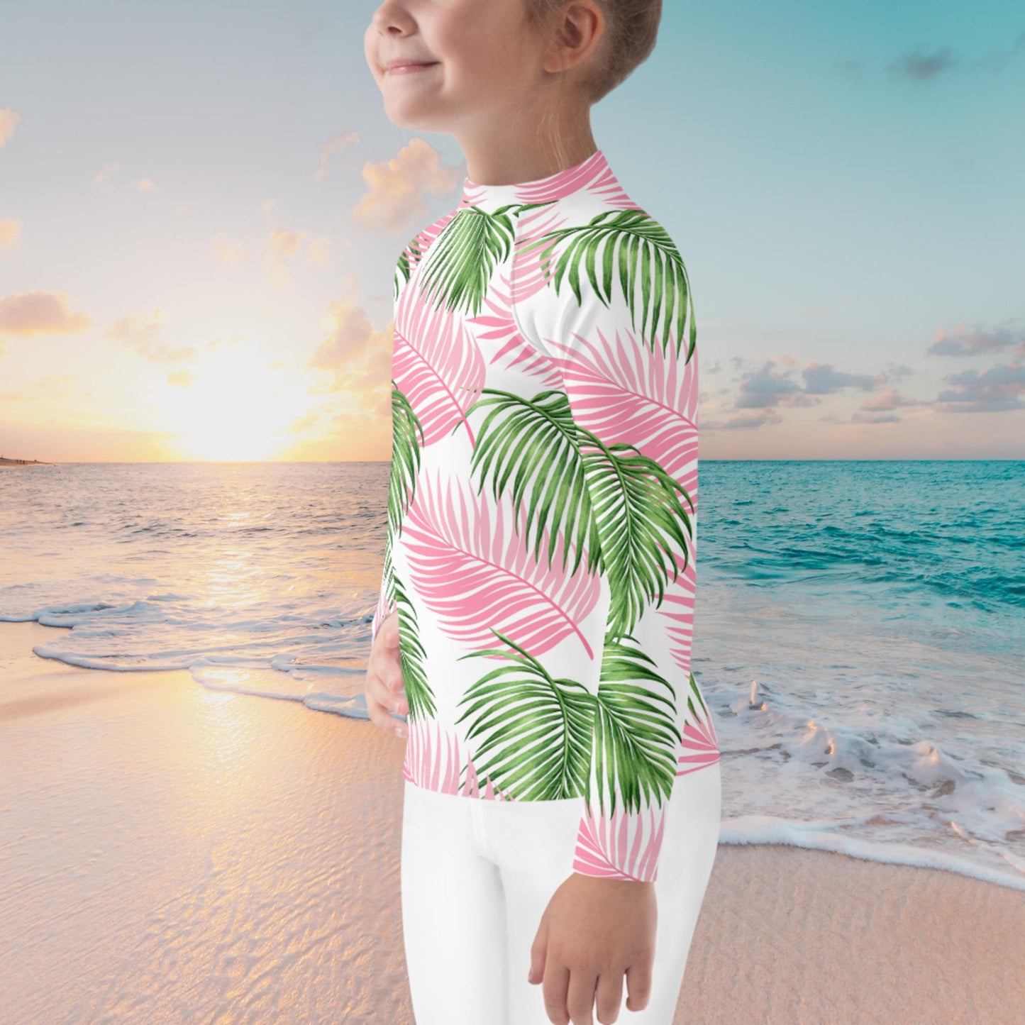 Pink Green Palm Leaves Kids Rash Guard