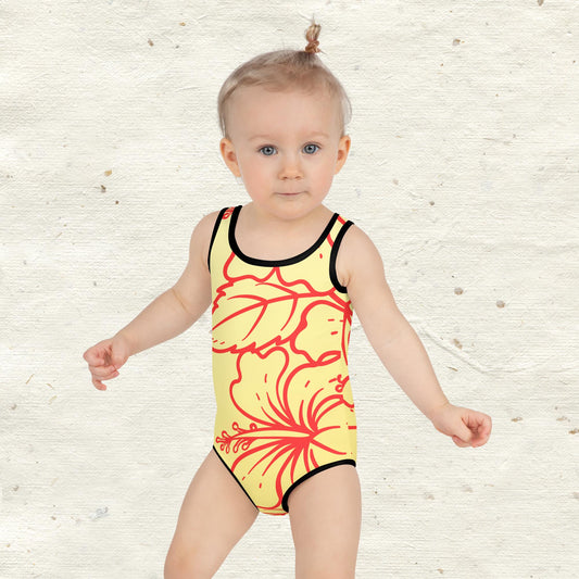 Red Tropical Flowers All-Over Print Kids Swimsuit