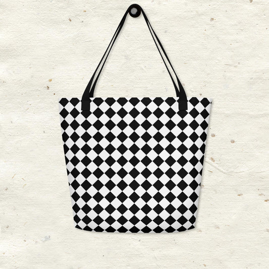 Black and White Diamond Pattern All-Over Print Large Tote Bag