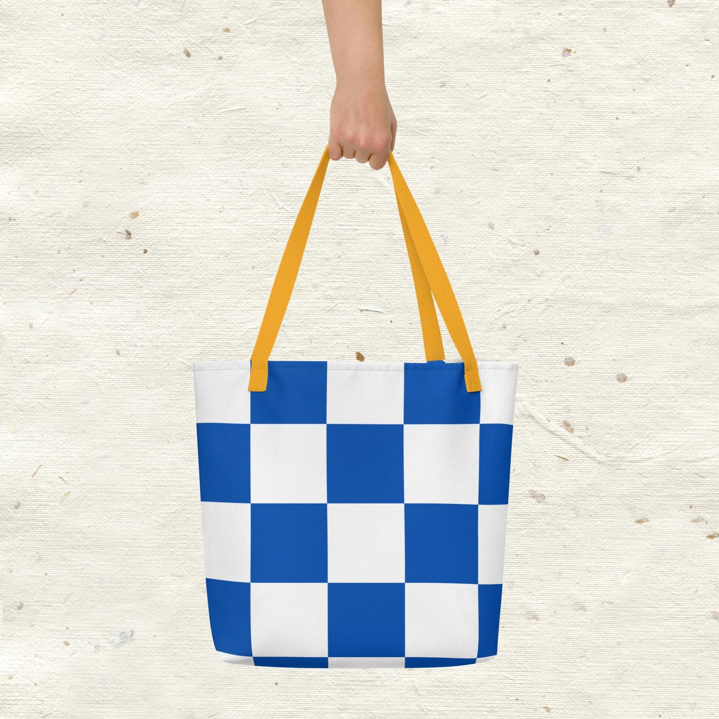 Blue and White Checkered All-Over Print Large Tote Bag