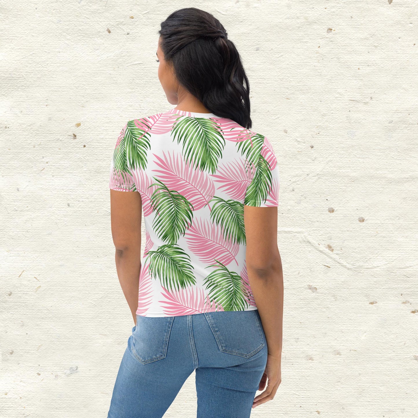 Pink Green Palm Leaves Women's T-Shirt