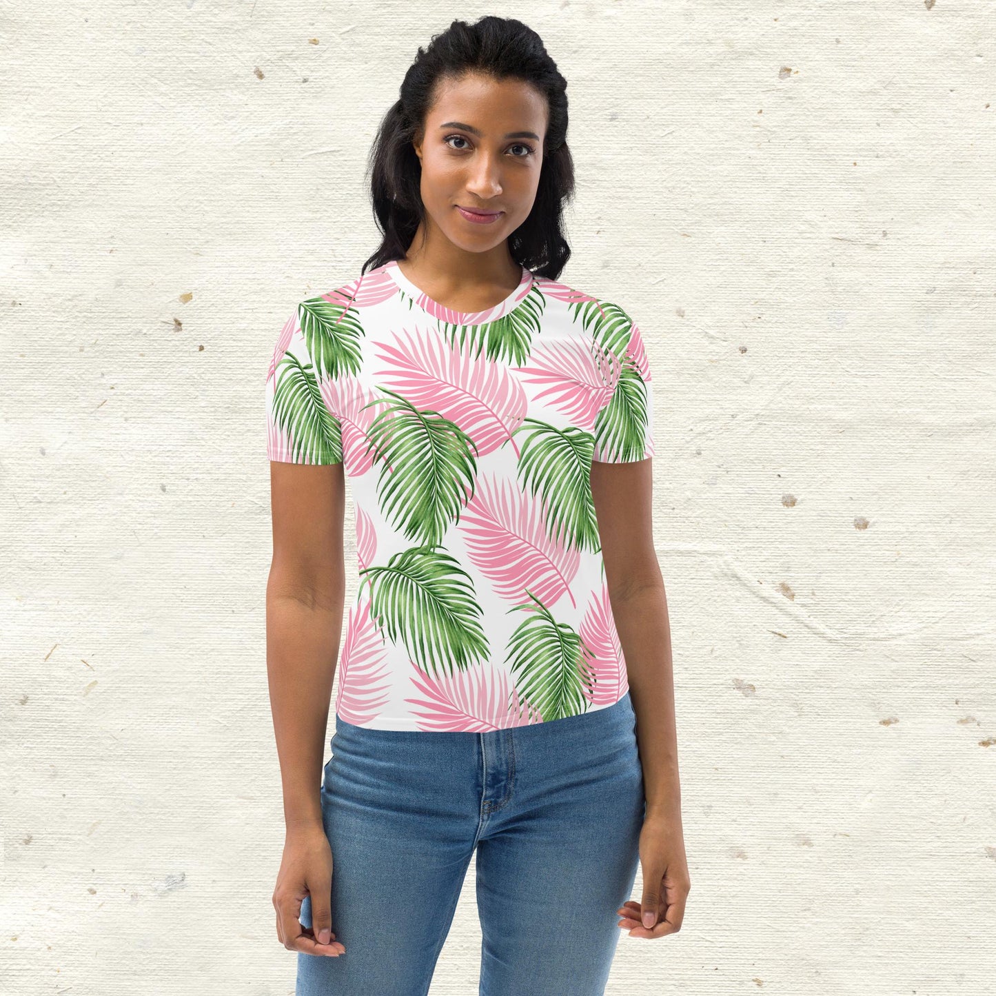 Pink Green Palm Leaves Women's T-Shirt