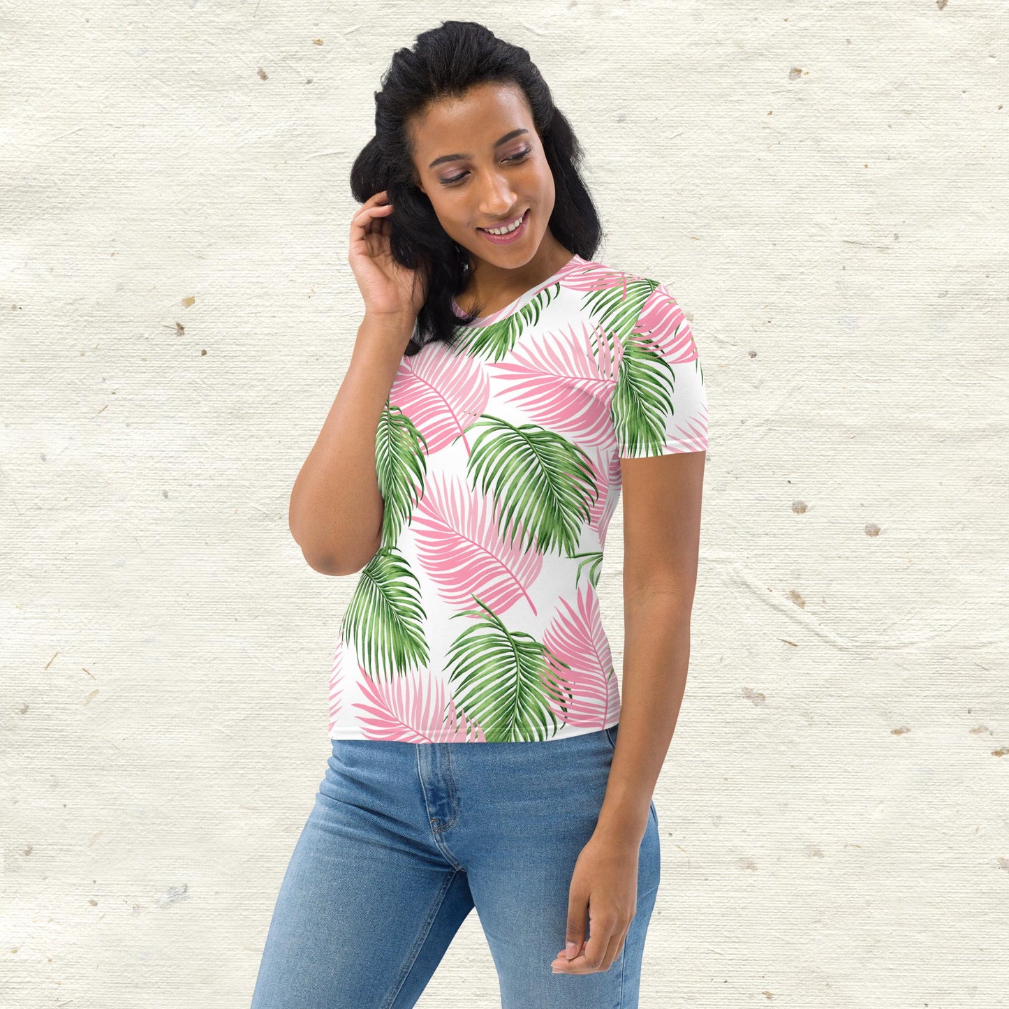 Pink Green Palm Leaves Women's T-Shirt