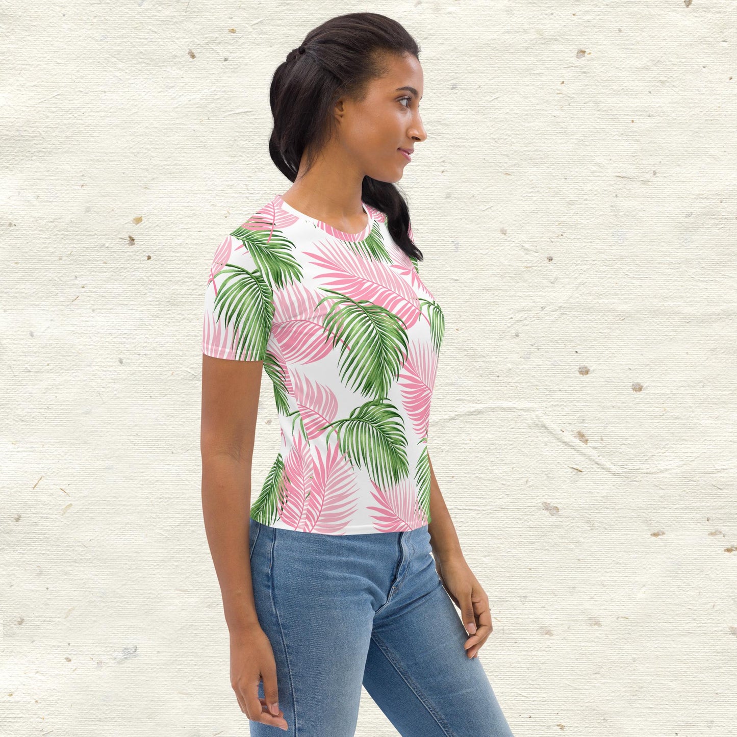 Pink Green Palm Leaves Women's T-Shirt