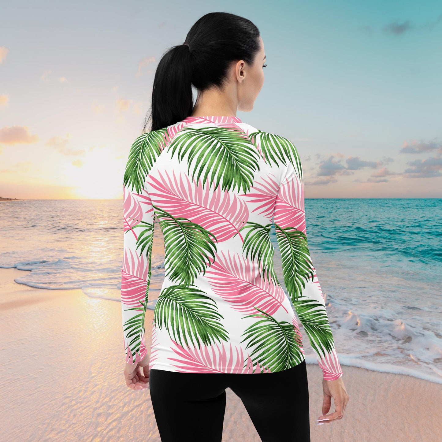 Pink Green Palm Leaves Women's Rash Guard