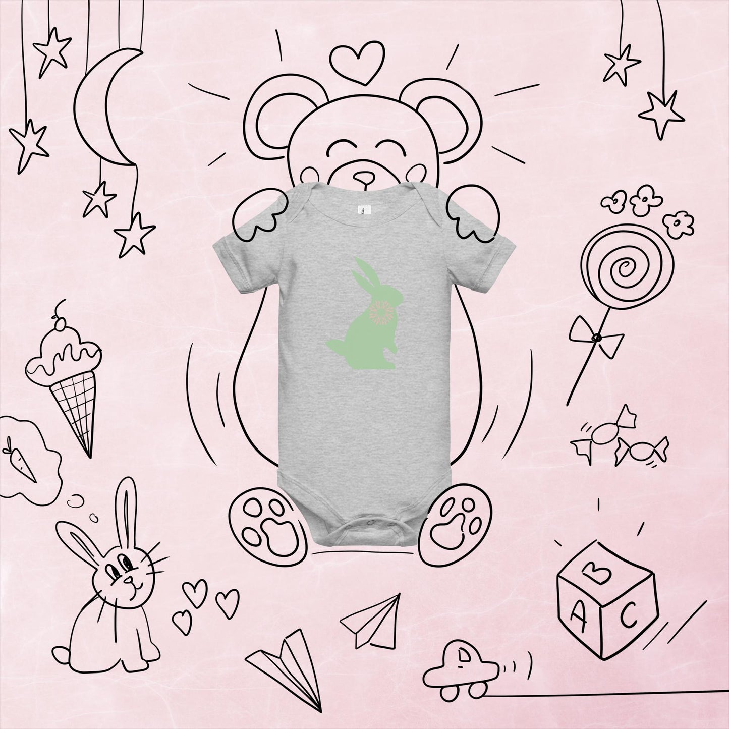 Green Bunny Graphic Baby Short Sleeve One Piece