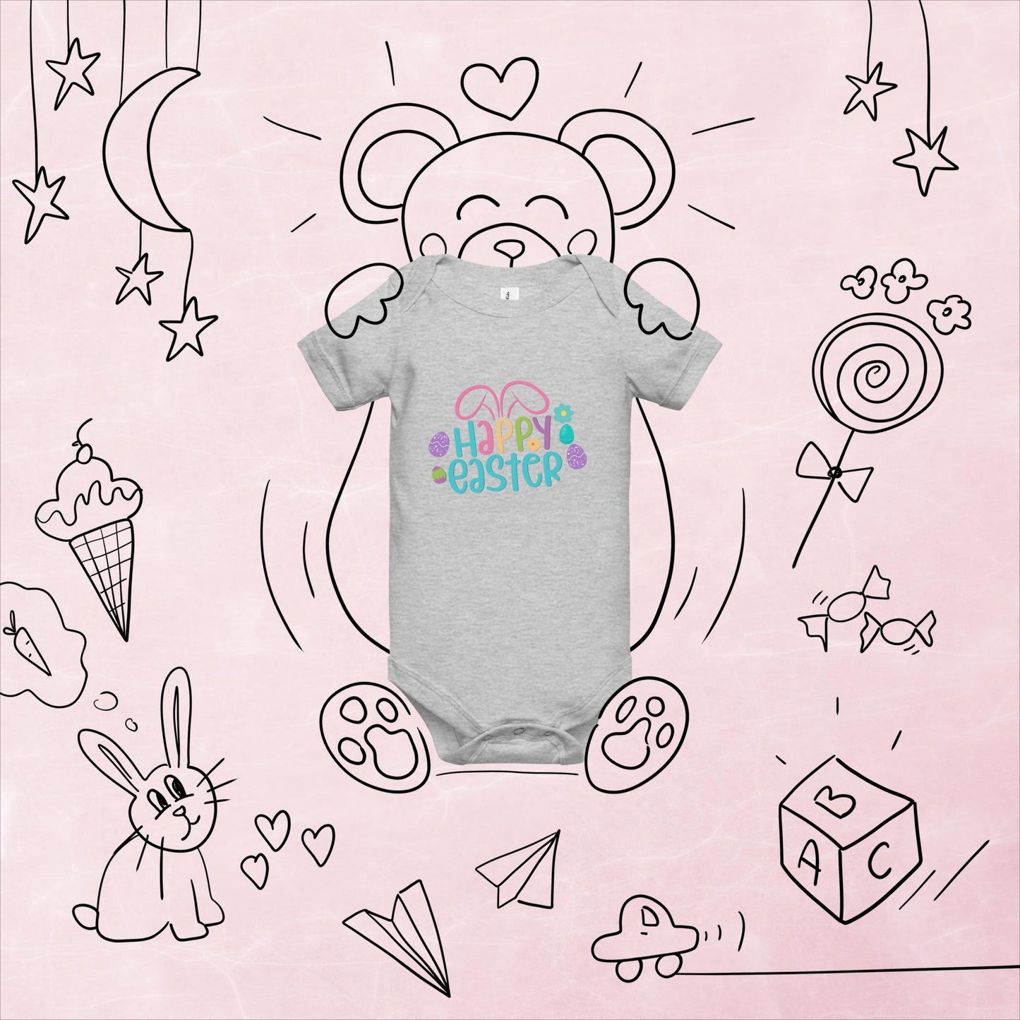 Happy Easter with Bunny Ears Baby Short Sleeve One Piece