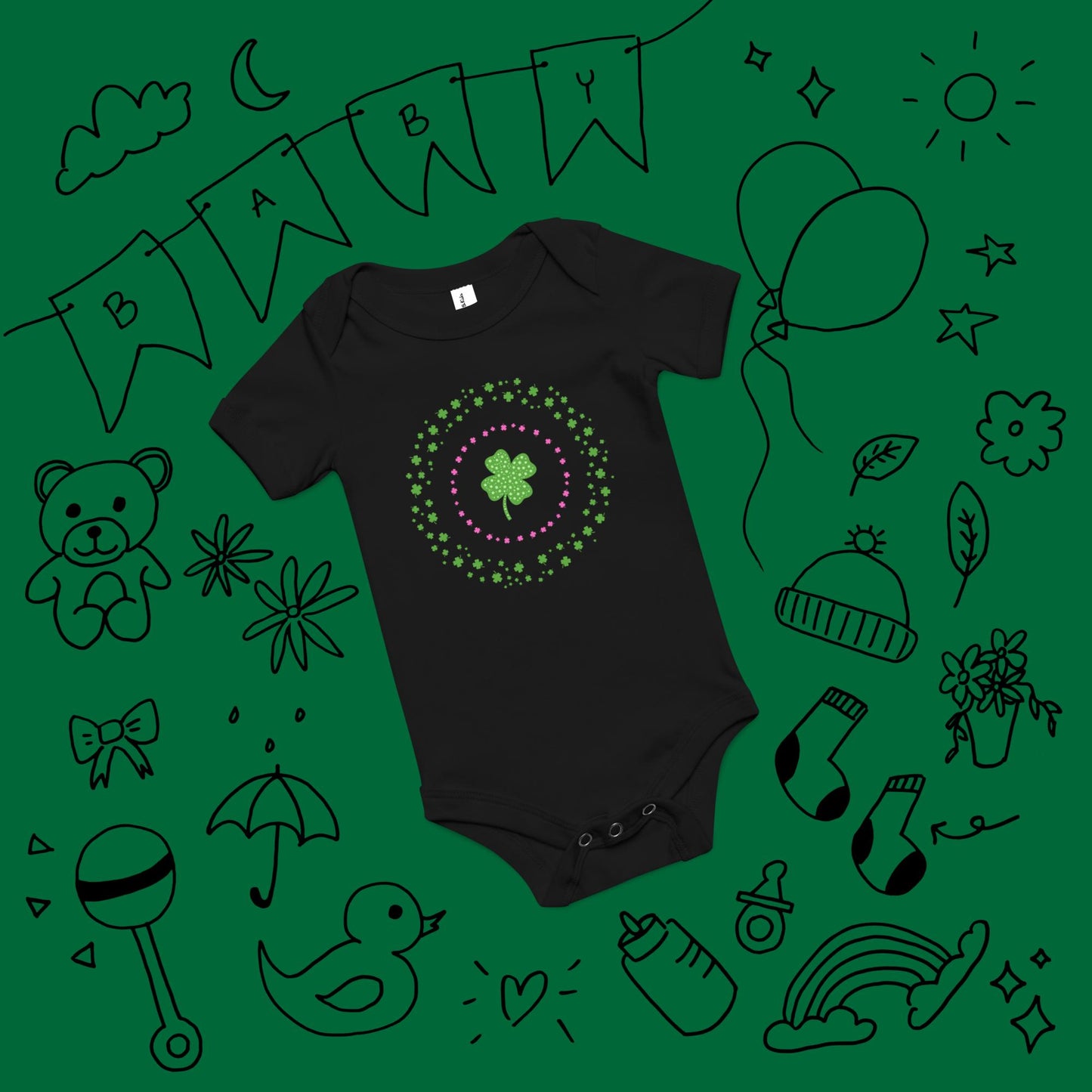 Green Cloverleaf in Circles Baby Short Sleeve One Piece
