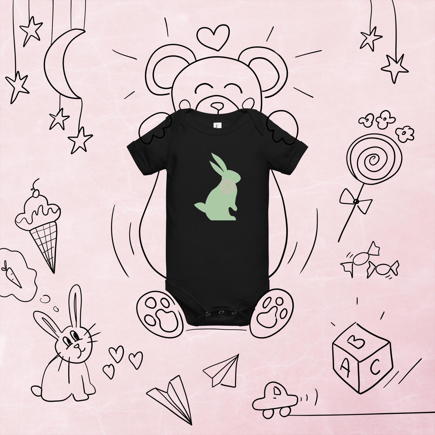 Green Bunny Graphic Baby Short Sleeve One Piece