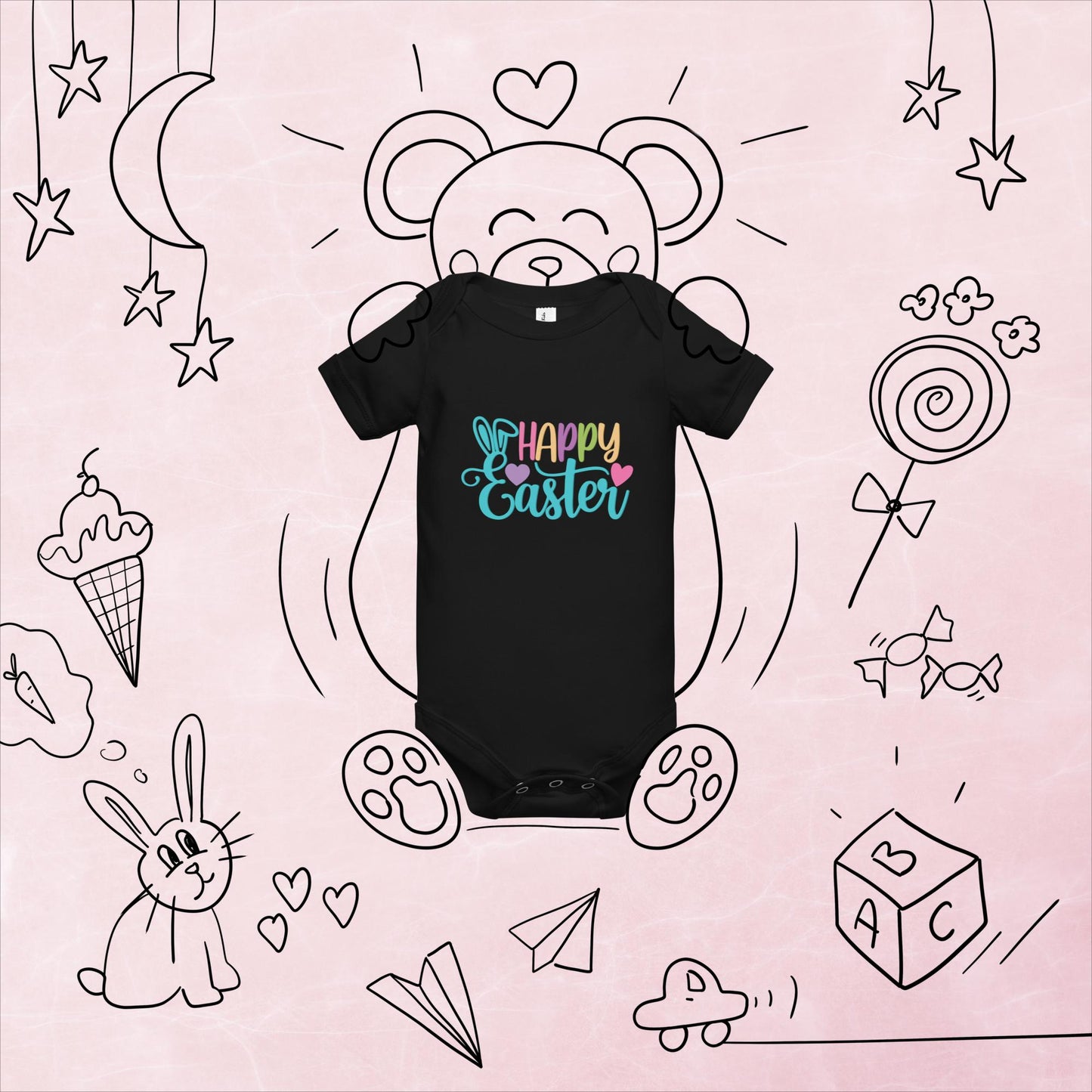 Happy Easter with Hearts Baby Short Sleeve One Piece