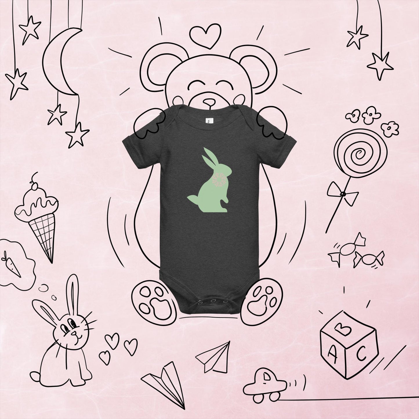 Green Bunny Graphic Baby Short Sleeve One Piece