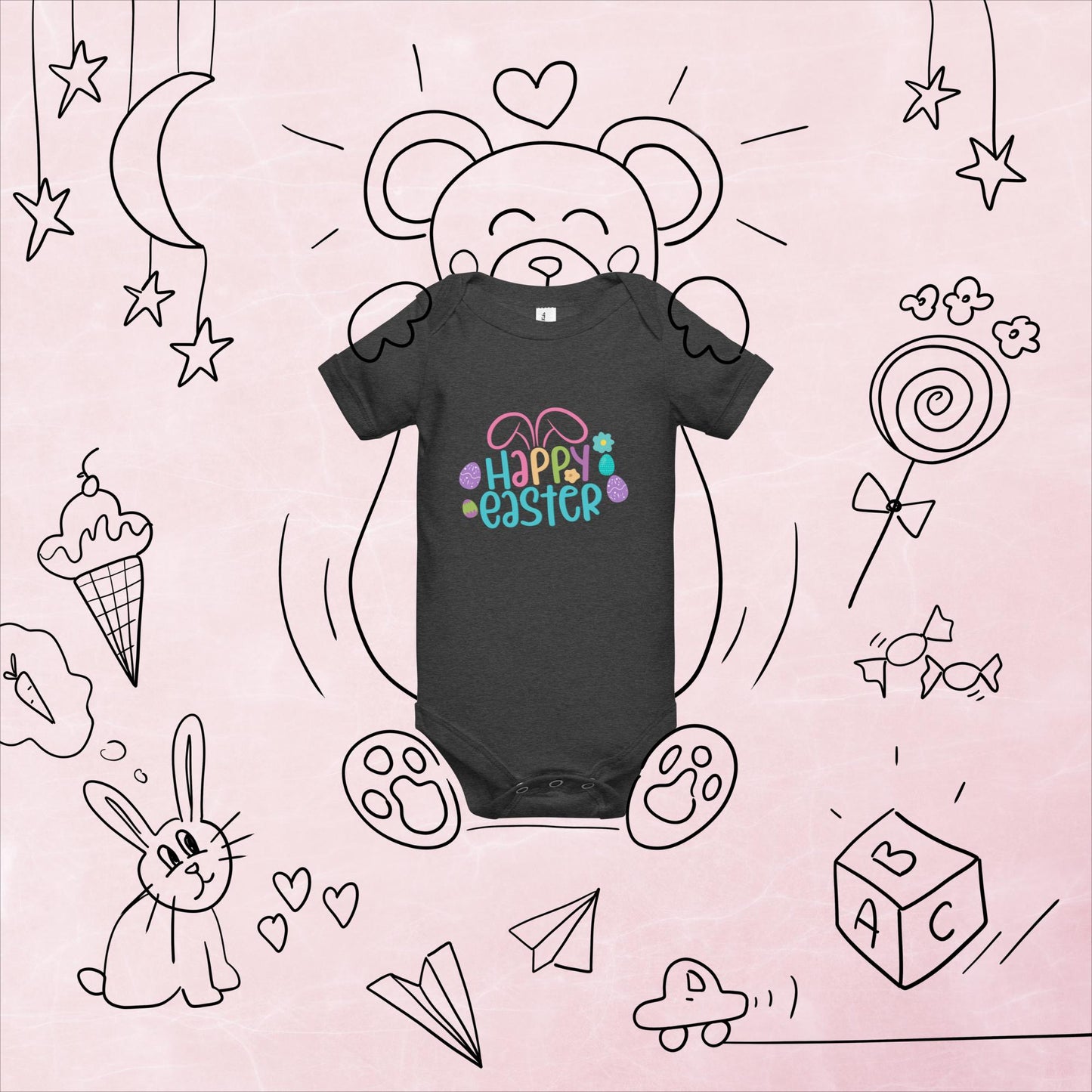 Happy Easter with Bunny Ears Baby Short Sleeve One Piece