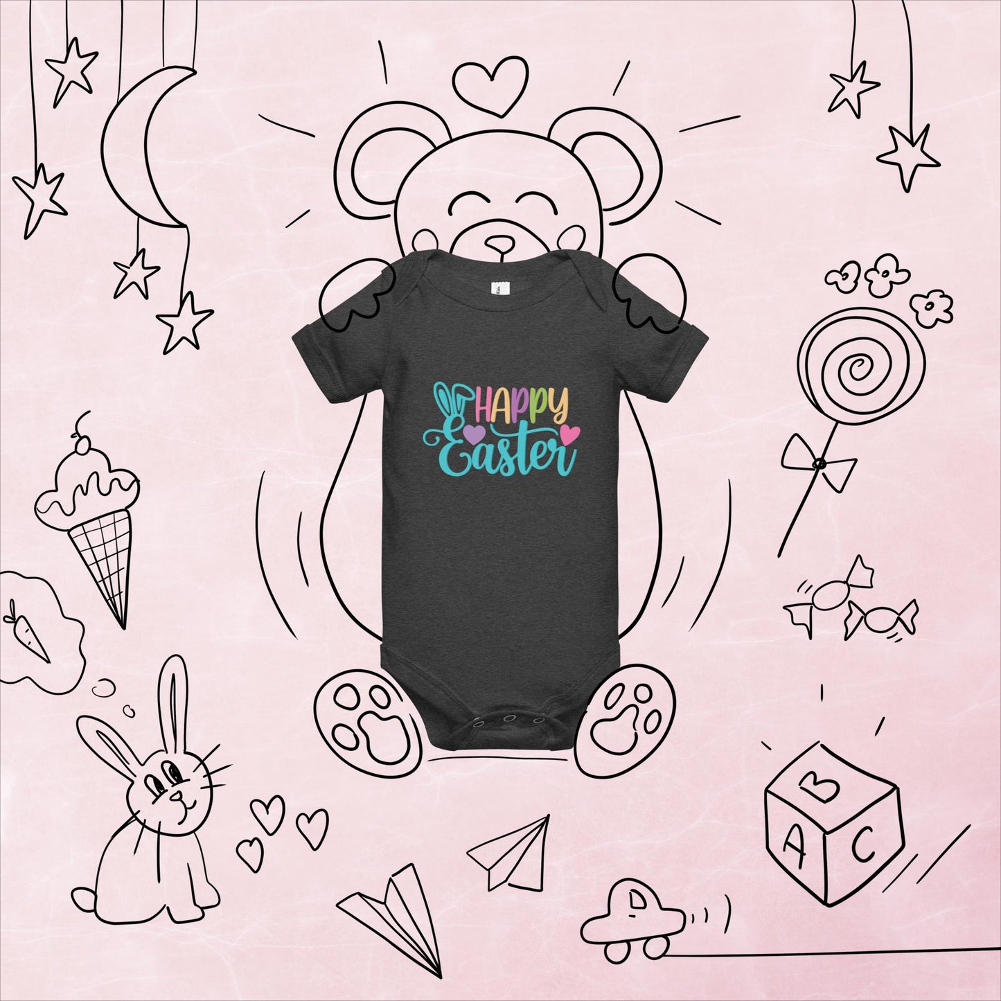 Happy Easter with Hearts Baby Short Sleeve One Piece