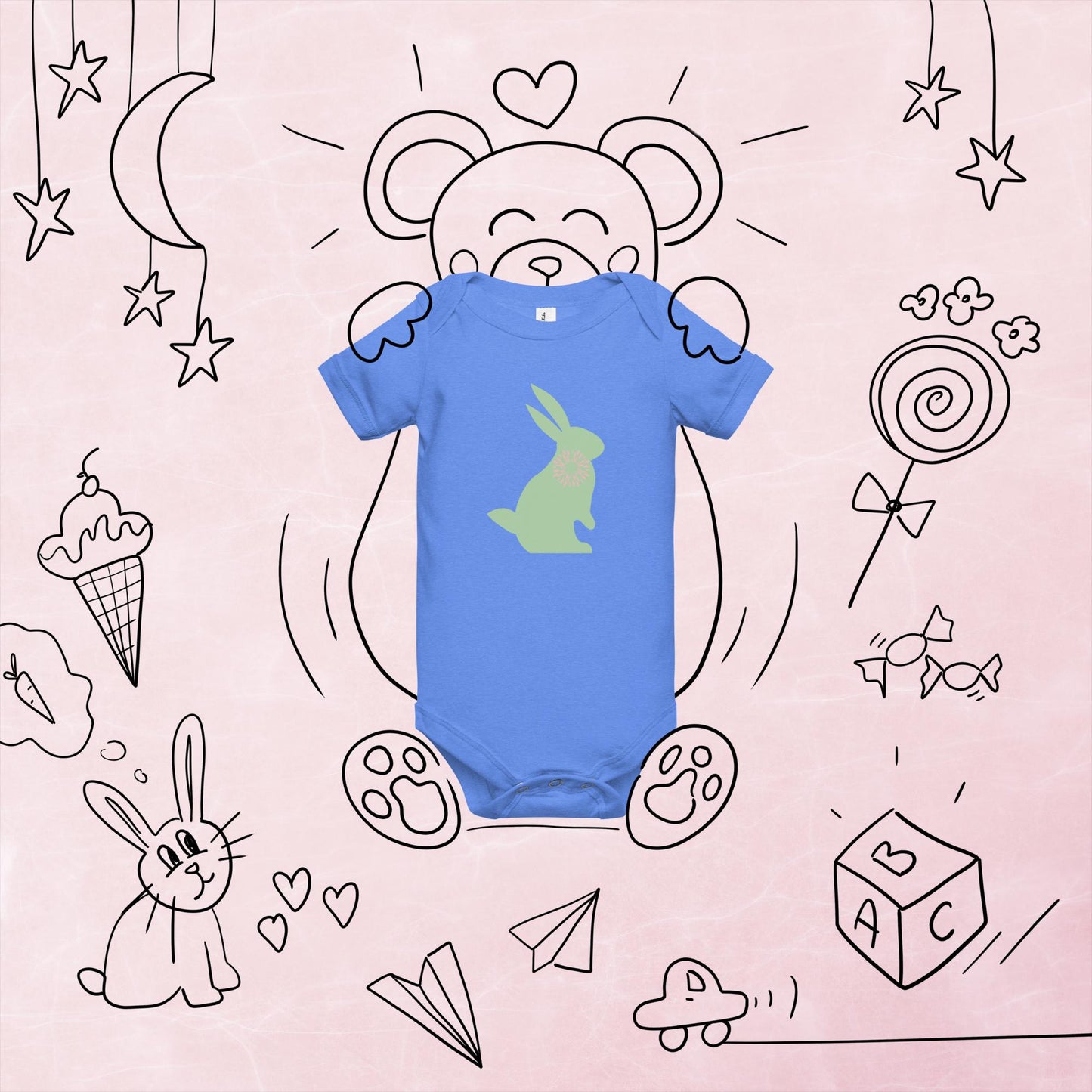 Green Bunny Graphic Baby Short Sleeve One Piece