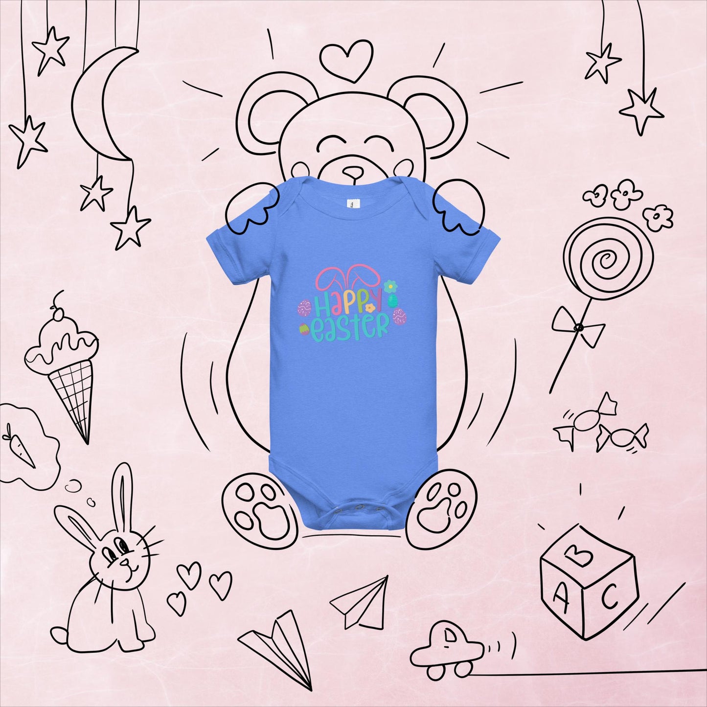 Happy Easter with Bunny Ears Baby Short Sleeve One Piece