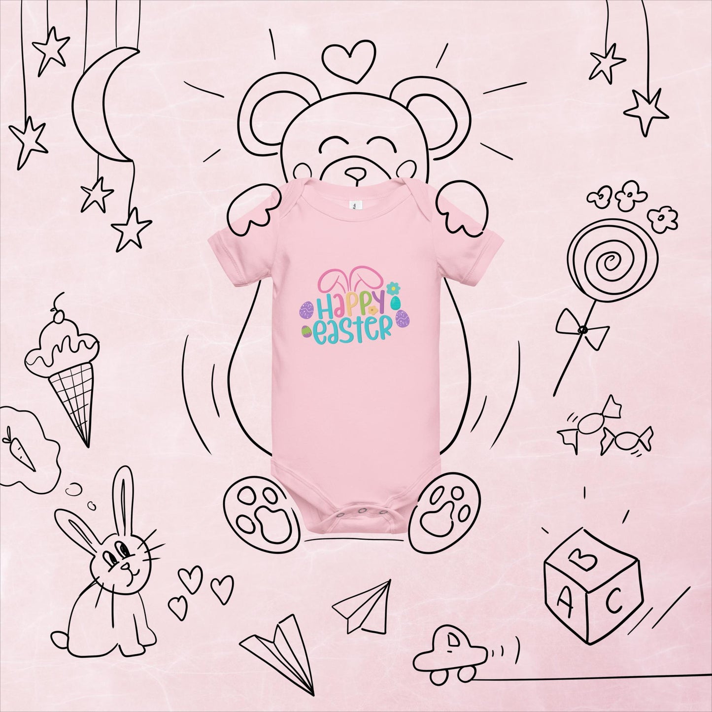 Happy Easter with Bunny Ears Baby Short Sleeve One Piece