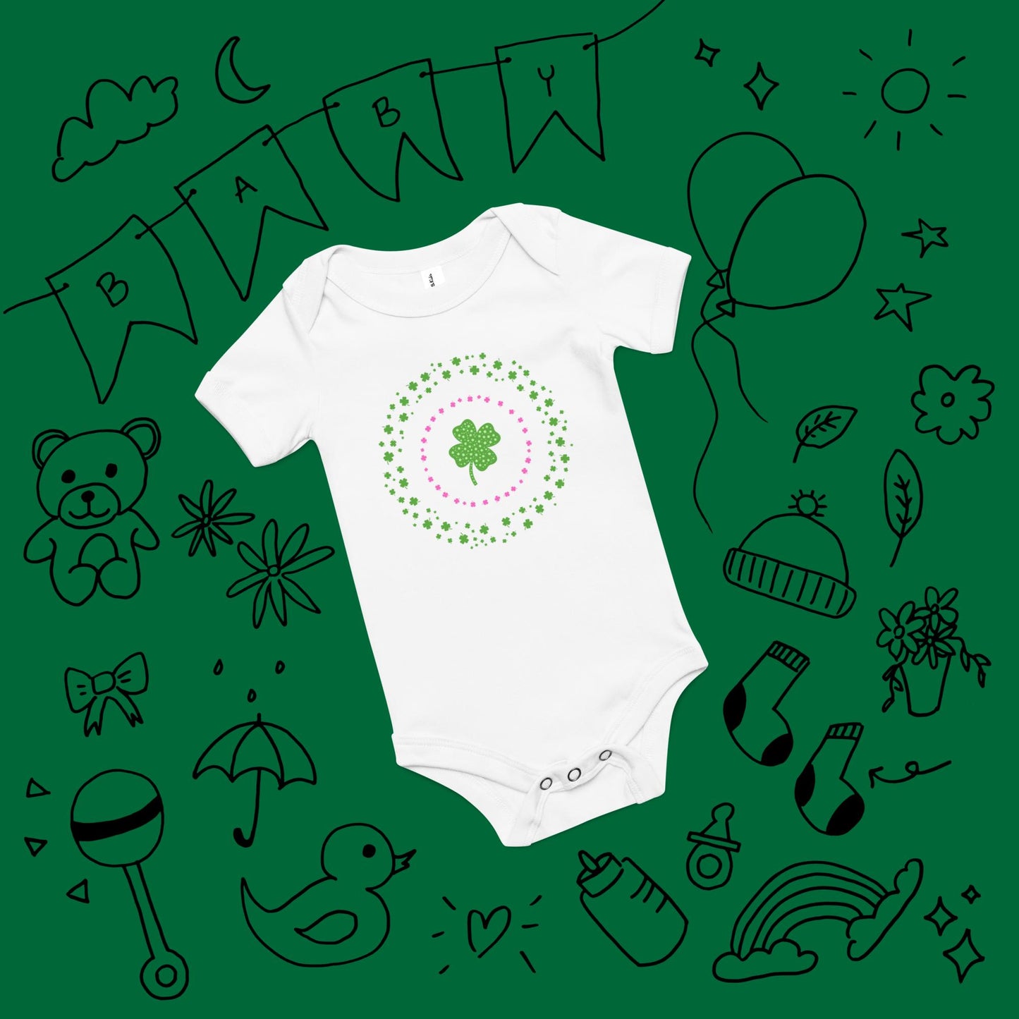 Green Cloverleaf in Circles Baby Short Sleeve One Piece