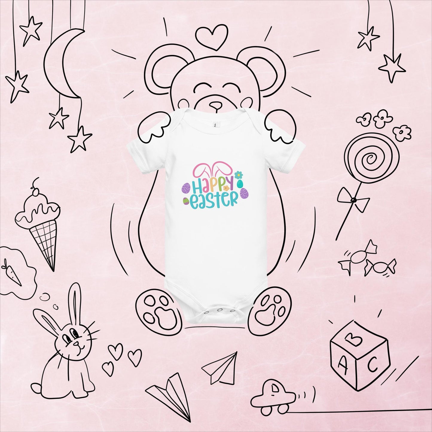 Happy Easter with Bunny Ears Baby Short Sleeve One Piece