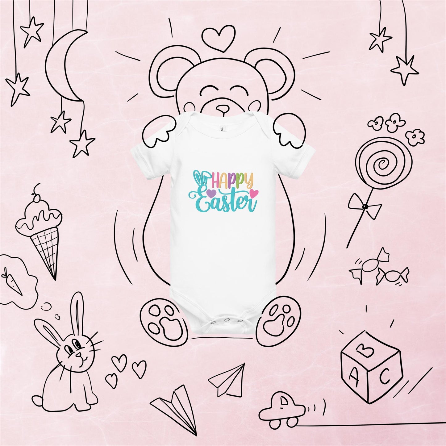 Happy Easter with Hearts Baby Short Sleeve One Piece